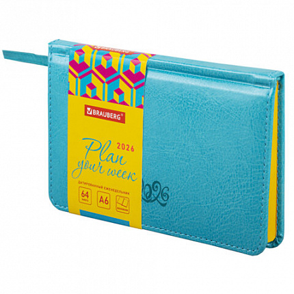 Еженедельник датированный 2026, МАЛЫЙ ФОРМАТ 95х155 мм, А6, BRAUBERG "Rainbow", под кожу, бирюза, 117189