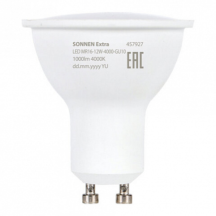 Лампа светодиодная SONNEN EXTRA, 12 (110) Вт, GU10, софит, нейтральный белый, 30000 ч, LED MR16-GU10-12W-4000, 457927