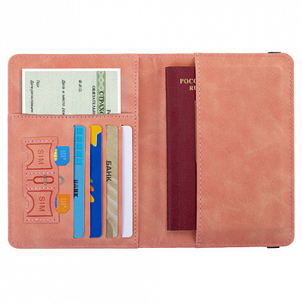 Обложка для паспорта и документов с защитой от считывания, 9 карманов, резинка, экокожа, розовая, BRAUBERG, 238750
