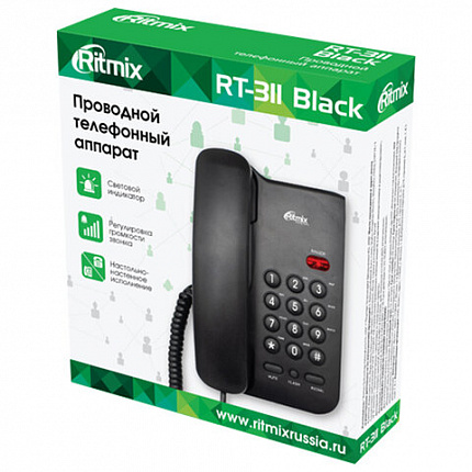 Телефон RITMIX RT-311 black, световая индикация звонка, тональный / импульсный режим, повтор, черный, 80002231