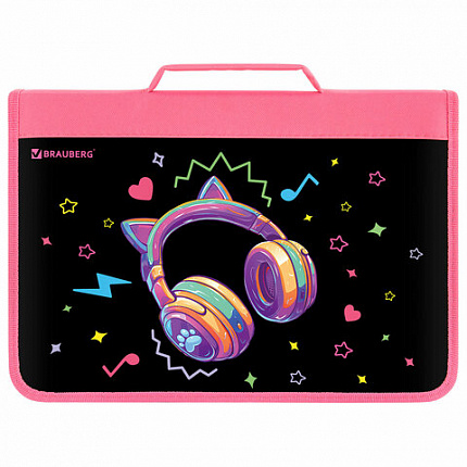 Папка на молнии BRAUBERG А4 с ручкой, с органайзером, 1 отделение, "Headphones", 273384