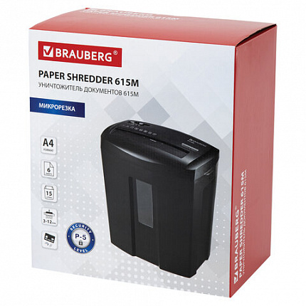 Уничтожитель (шредер) BRAUBERG 615M, 5 уровень секретности, фрагменты 3х12 мм, 6 листов, корзина 15 литров, 532152