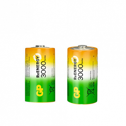 Батарейки аккумуляторные GP ReEnergy Ni-Mh КОМПЛЕКТ 2 шт., D (HR20), 3000 mAh, 300DHCRGY-2CRCB2
