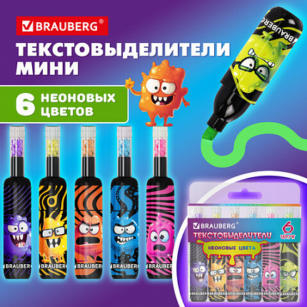 Набор текстовыделителей 6 НЕОНОВЫХ ЦВЕТОВ, кросс-серия МОНСТРИКИ, линия 1-5 мм, BRAUBERG, 152621