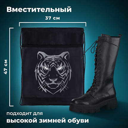 Мешок для обуви BRAUBERG, с петлёй, карман на молнии, 47х37 см, "Tiger", 271610