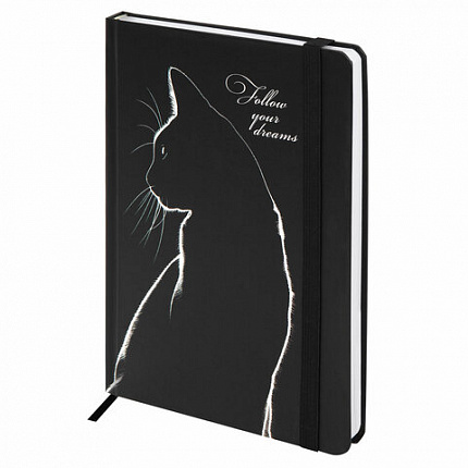 Ежедневник недатированный с резинкой А5 145х203 мм, BRAUBERG, твердый, 160 л., "Black cat", 116305