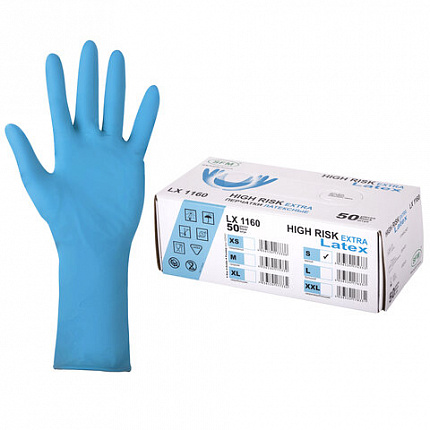 Перчатки латексные смотровые сверхпрочные SFM HIGH RISK LX 1160, Германия, 25 пар (50 штук), размер 6-7, S (малый)