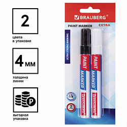 Маркер-краска лаковый EXTRA (paint marker) 4 мм, НАБОР 2 цвета, БЕЛЫЙ/ЧЕРНЫЙ, УСИЛЕННАЯ НИТРО-ОСНОВА, BRAUBERG, 151998