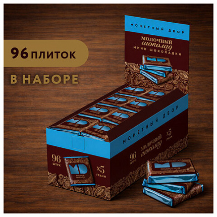 Шоколад порционный МОНЕТНЫЙ ДВОР, молочный шоколад 42%, 96 плиток по 5 г, в шоубоксах, 508