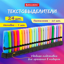 Набор текстовыделителей 24 ЦВЕТА на подставке, BRAUBERG "DELTA", 15 пастельных цветов + 9 неоновых цветов, линия 1-5 мм, 152506