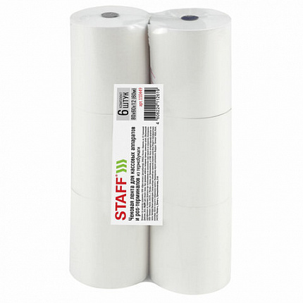 Чековая лента ТЕРМОБУМАГА 80 мм (диаметр 66-73 мм, длина 60 м, втулка 12 мм) КОМПЛЕКТ 6 шт., STAFF, 110449