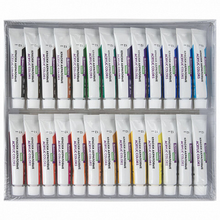 Краски акриловые художественные 26 шт. по 12 мл, холсты 3 шт., кисти 6 шт., аксессуары, 37 предметов, BRAUBERG HOBBY, 192544