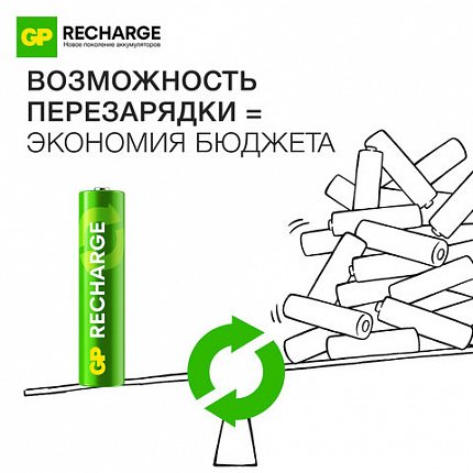 Батарейки аккумуляторные GP ReCharge Ni-Mh мизинчиковые КОМПЛЕКТ 2 шт., ААА (HR03) 400 mAh, 40AAAHCV, 40AAAHCV-2CRSB