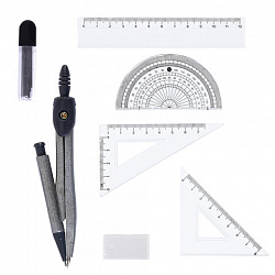 Готовальня ПИФАГОР 8 предметов: циркуль 120 мм, чертежные принадлежности, пластиковый пенал, 210860