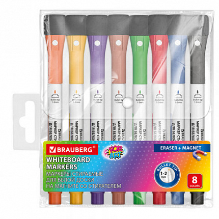 Маркеры на магните со стирателем для белой доски и планера, 8 ЦВЕТОВ, BRAUBERG POP-ART, 1-2 мм, 152567