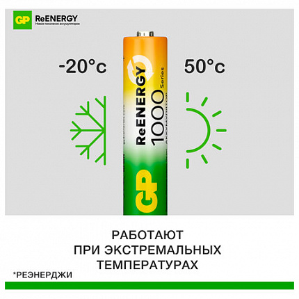 Батарейки аккумуляторные GP ReEnergy Ni-Mh мизинчиковые КОМПЛЕКТ 2 шт., ААА (HR03), 950 mAh, 100AAAHCRGY, 100AAAHCRGY-2CR