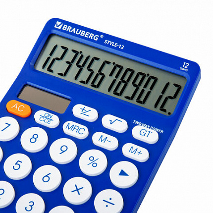 Калькулятор настольный BRAUBERG STYLE-12-BL (157х106 мм), 12 разрядов, двойное питание, СИНИЙ, 272966
