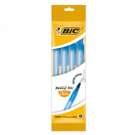Ручки шариковые BIC "Round Stic", НАБОР 4 шт., СИНИЕ, узел 1 мм, линия письма 0,32 мм, пакет, 944176