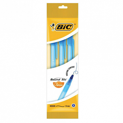 Ручки шариковые BIC "Round Stic", НАБОР 3 шт., СИНИЕ, узел 1 мм, линия письма 0,32 мм, пакет, 9021522