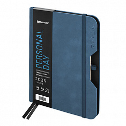 Ежедневник датированный 2026, А5, 151х213 мм, BRAUBERG "Note", под кожу, держатель для ручки, синий, 117517