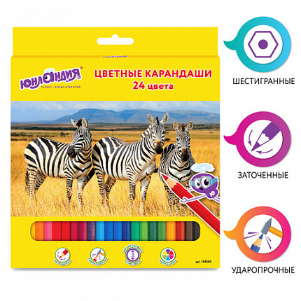 Карандаши цветные ЮНЛАНДИЯ "МИР ЖИВОТНЫХ", 24 цвета, шестигранные, грифель 3 мм, натуральное дерево, 181385