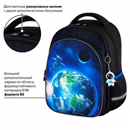 Рюкзак BRAUBERG OPTIMA, 2 отделения, с брелоком, "Храбрый астронавт", объемный дизайн, 36х27х18 см, 273159