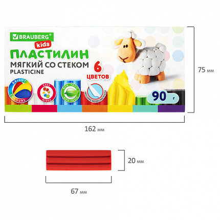 Пластилин мягкий восковой BRAUBERG KIDS, 6 цветов, 90 г, со стеком, 106493