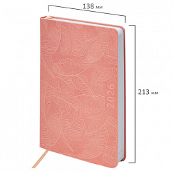 Ежедневник датированный 2026 А5 138x213 мм, BRAUBERG "Foliage", под кожу, гибкий, розовый, 117129