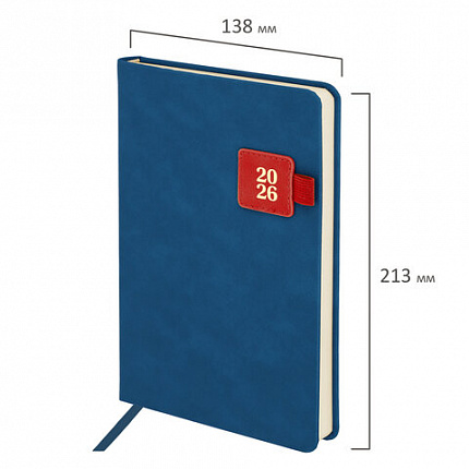 Ежедневник датированный 2026 А5 138х213 мм, BRAUBERG "Accent", под кожу, держатель, синий/красный, 117386
