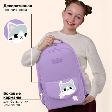 Рюкзак BRAUBERG STYLE, 2 отделения, 4 кармана, "Всем привет!", сиреневый, 40х26х15 см, 274411