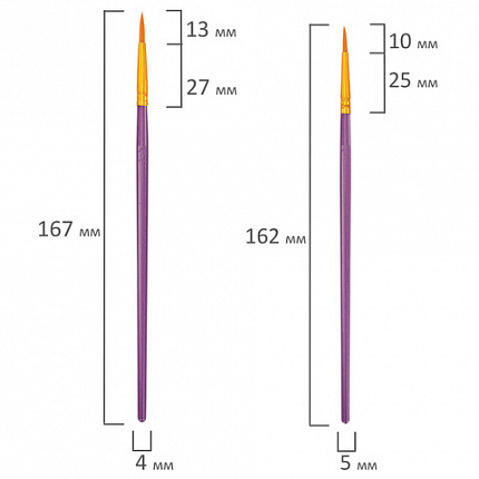 Кисти набор 10 шт., синтетика, фиолетовые, № 2/0-8 (Круглые; Овальные; Плоские; Лайнеры), WBZ, 201086