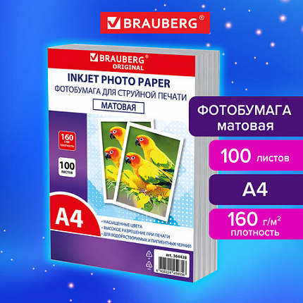 Фотобумага матовая, А4, 160 г/м2, односторонняя, 100 листов, ПАКЕТ, BRAUBERG ORIGINAL, 364428