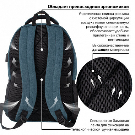 Рюкзак BRAUBERG URBAN универсальный, с отделением для ноутбука, USB-порт, "Denver", синий, 46х30х16 см, 229893