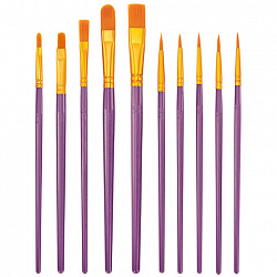 Кисти набор 10 шт., синтетика, фиолетовые, № 2/0-8 (Круглые; Овальные; Плоские; Лайнеры), WBZ (ВБЗ), 201086