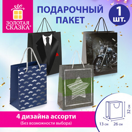 Пакет подарочный (1 штука) 26х13х32 см (L), "Man Style", ассорти, фольга, выборочный лак, ЗОЛОТАЯ СКАЗКА, 700813