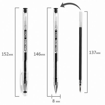 Ручка гелевая РОССИЯ "СОЮЗ", ЧЕРНАЯ, корпус прозрачный, 0,7 мм, линия письма 0,35 мм, BRAUBERG, 143963