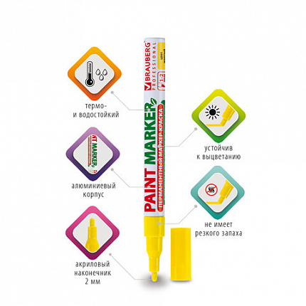 Маркер-краска лаковый (paint marker) 2 мм, ЖЕЛТЫЙ, БЕЗ КСИЛОЛА (без запаха), алюминий, BRAUBERG PROFESSIONAL, 150863
