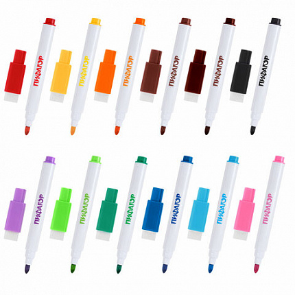 Маркеры стираемые 2 мм для белой доски и планера со стирателем НАБОР 12 ЦВЕТОВ, ПИФАГОР, 152565