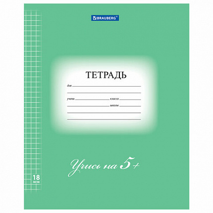 Тетрадь 18 л. BRAUBERG ЭКО "5-КА", клетка, обложка картон 170 г/м2, ЗЕЛЕНАЯ, 402987