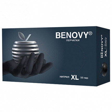 Перчатки нитриловые смотровые 50 пар (100 штук), размер 9-10, XL (очень большой), черные, BENOVY MultiColor