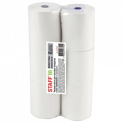 Чековая лента ТЕРМОБУМАГА 80 мм (диаметр 56-65 мм, длина 50 м, втулка 12 мм), КОМПЛЕКТ 6 шт., 44 г/м2, STAFF, 111954