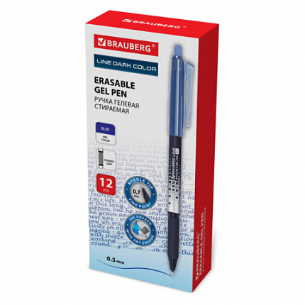 Ручка стираемая гелевая с грипом BRAUBERG "LINE DARK COLOR", СИНЯЯ, игольчатый наконечник 0,7 мм, линия письма 0,5 мм, 144438