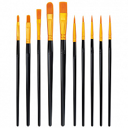 Кисти набор 10 шт., синтетика, черные, № 2/0-8 (Круглые; Овальные; Плоские; Лайнеры), WBZ (ВБЗ), 201084