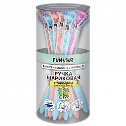 Ручка поворотная с топпером шариковая FUNSTER "SHINE BRIGHT", СИНЯЯ, ассорти, пишущий узел 0,7 мм, линия письма 0,35 мм, 144377