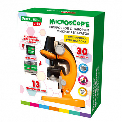 Микроскоп с подсветкой, 30 предметов, в т.ч. набор из 12 микропрепаратов в подарок, увеличение 100х, 400х, 1200х, BRAUBERG KIDS, 391400