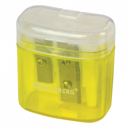 Точилка BRAUBERG "Chief", 2 отверстия для чернографитных и цветных карандашей, с контейнером, с крышкой, ассорти, 226942