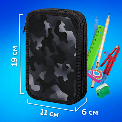 Пенал ПИФАГОР, 3 отделения, ламинированный картон, 19х11 см, "Black camo", 273489
