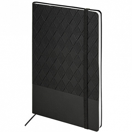 Блокнот А5 138x213 мм, BRAUBERG "Tissage", под кожу, 80 л., резинка, клетка, черный, 116601