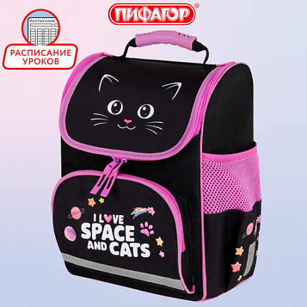 Ранец ПИФАГОР BASIC, 1 отделение, 3 кармана, эргономичная спинка, "Dark kitten", 35х28х18 см, 273134