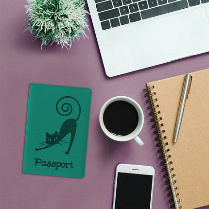 Обложка для паспорта STAFF, мягкий полиуретан, "Кошка", бирюзовая, 237616